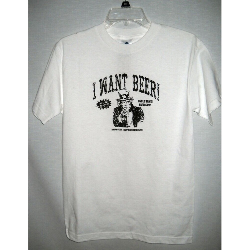 I WANT BEER Y2K T Shirt "Drink til they're Good Looking" Uncle Sam Funny